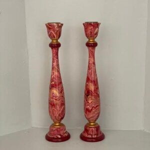 Vintage Hand Painted Handmade Kashmiri Paper Mache & Wood Pair of Candle Holders